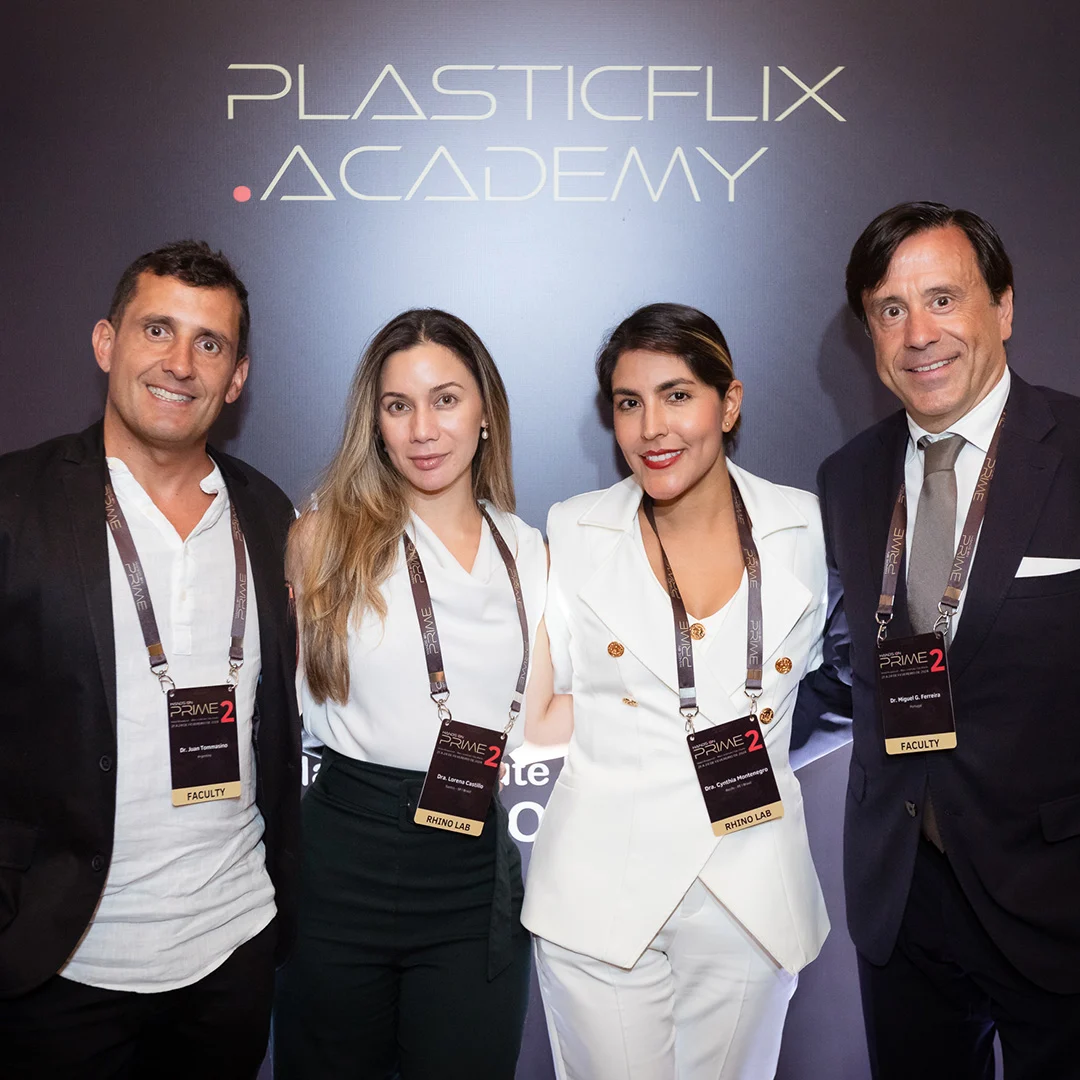 Dra. Cynthia Montenegro con el Dr. Miguel Gonçalves Ferreira y el Dr. Juan Tommasino en el Hands On Cadaver Lab en el Hotel Rosewood, Sao Paulo, Brasil, 2024